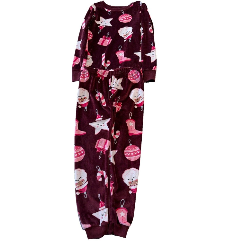 Carter’s Girls Maroon 2pc Ornament Holiday Cozy Pajamas Set SIZE 5T Soft Santa.